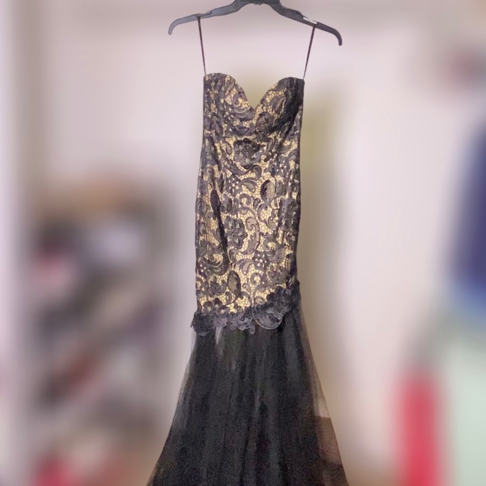 Alyce Paris Claudine, Black Nude Lace Mermaid Strapless Designer Dress SZ 0